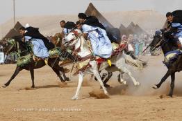 Image du Maroc Professionnelle de  Course typiquement marocaine dite ''la Fantasia'' organisé dans un site désertique sur lequel la ville de Tan Tan a toujours accueilli la majorité des tribus et des grandes familles nomades du désert lors d'un grand moussem, Samedi 24 Mars 2012. (Photo / Abdeljalil Bounhar)

 